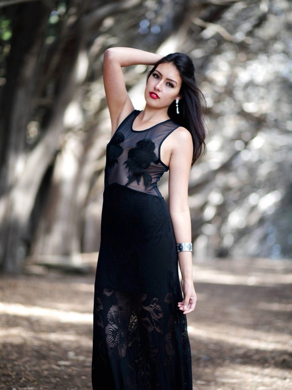 Sky Black Sheer Mesh Embroidered Maxi Dress Small Floral Lace Illusion Sleeveles